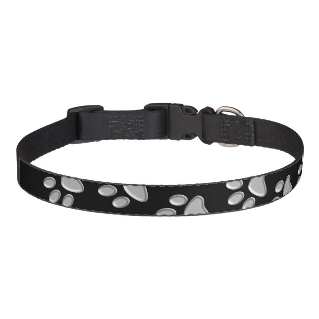 Silver Dog Paws black Background Print Pattern Pet Collar (Front)