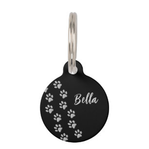 Silver Dog Paws black Background Print Pattern Pet ID Tag