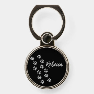 Silver Dog Paws black Background Print Pattern Phone Ring Stand