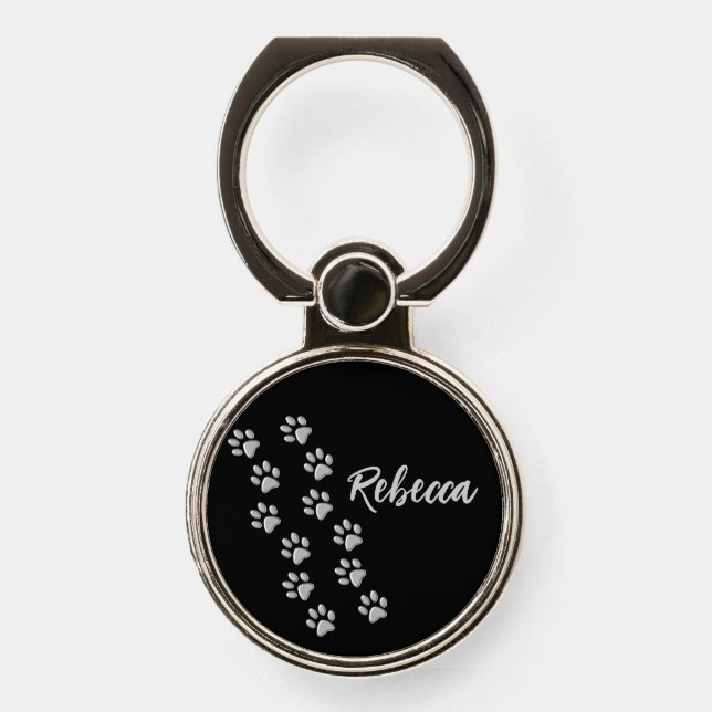 Silver Dog Paws black Background Print Pattern Phone Ring Stand (Front)