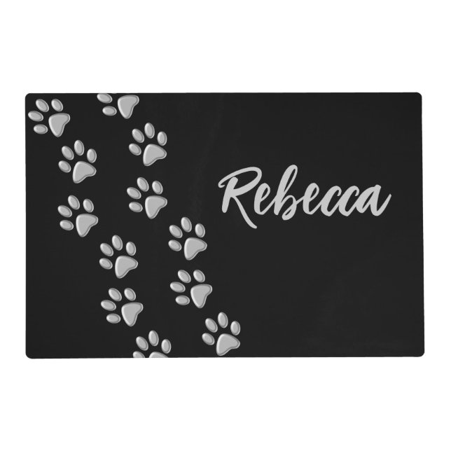 Silver Dog Paws black Background Print Pattern Placemat (Front)