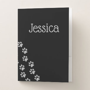 Silver Dog Paws black Background Print Pattern Pocket Folder