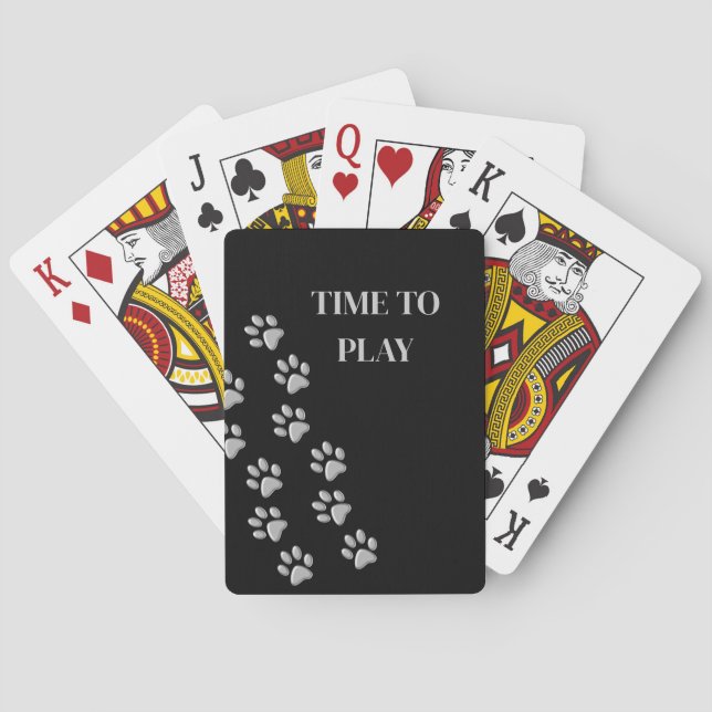 Silver Dog Paws black Background Print Pattern Poker Cards (Back)