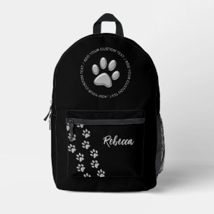 Silver Dog Paws black Background Print Pattern Printed Backpack