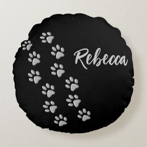 Silver Dog Paws black Background Print Pattern Round Pillow
