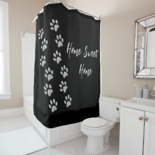 Silver Dog Paws black Background Print Pattern Shower Curtain