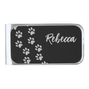 Silver Dog Paws black Background Print Pattern Silver Finish Money Clip