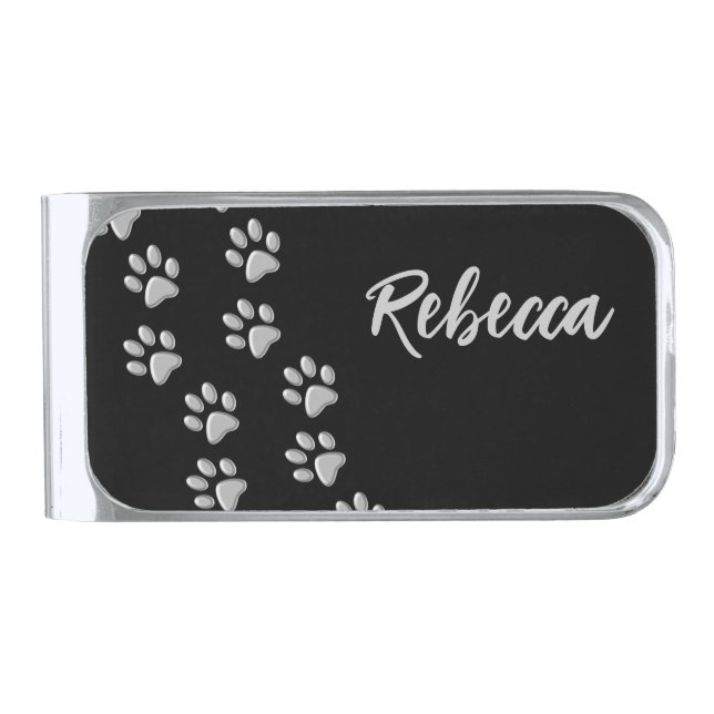 Silver Dog Paws black Background Print Pattern Silver Finish Money Clip (Front)