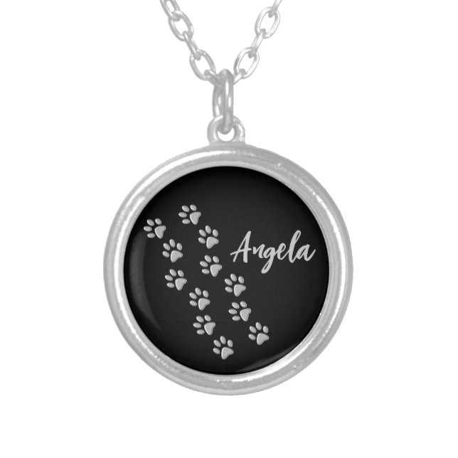 Silver Dog Paws black Background Print Pattern Silver Plated Necklace (Front)