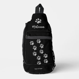 Silver Dog Paws black Background Print Pattern Sling Bag