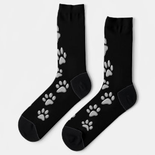 Silver Dog Paws black Background Print Pattern Socks