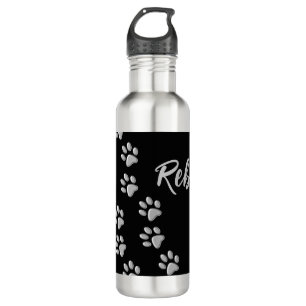 Silver Dog Paws black Background Print Pattern Stainless Steel Water Bottle