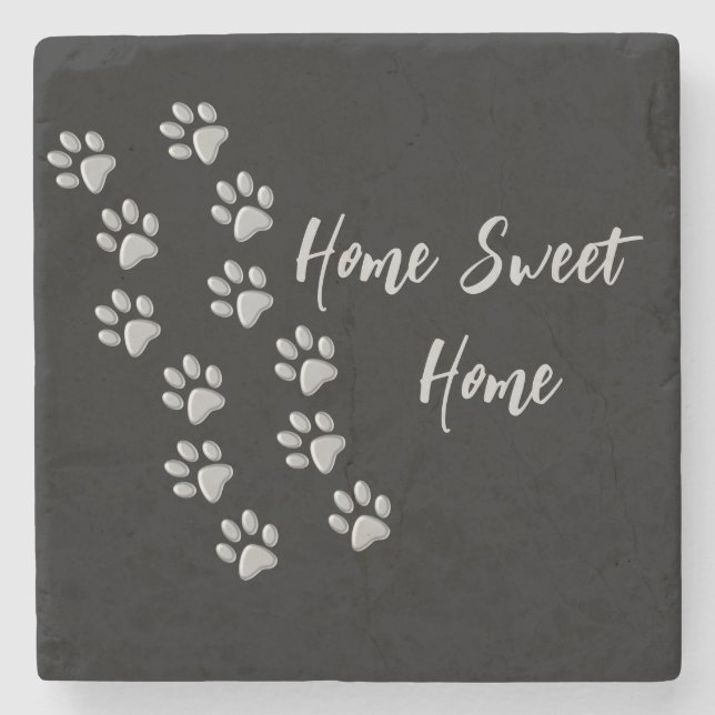 Silver Dog Paws black Background Print Pattern Sto Stone Coaster (Front)