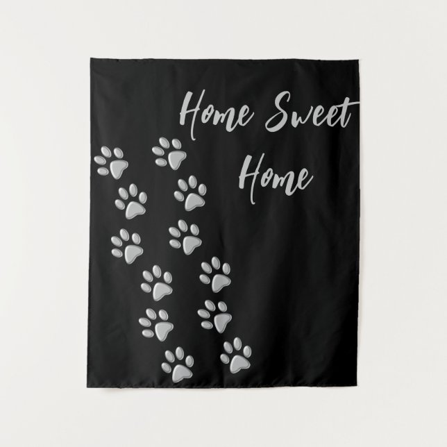 Silver Dog Paws black Background Print Pattern Tapestry