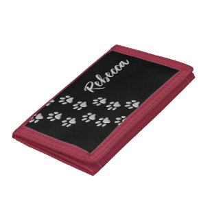 Silver Dog Paws black Background Print Pattern Tri-fold Wallet