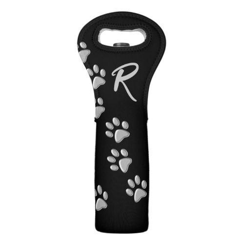 Silver Dog Paws black Background Print Pattern Wine Bag