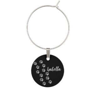 Silver Dog Paws black Background Print Pattern Wine Charm