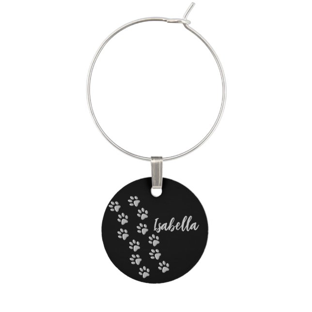 Silver Dog Paws black Background Print Pattern Wine Charm (Front)