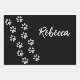 Silver Dog Paws black Background Print Pattern Wrapping Paper Sheets