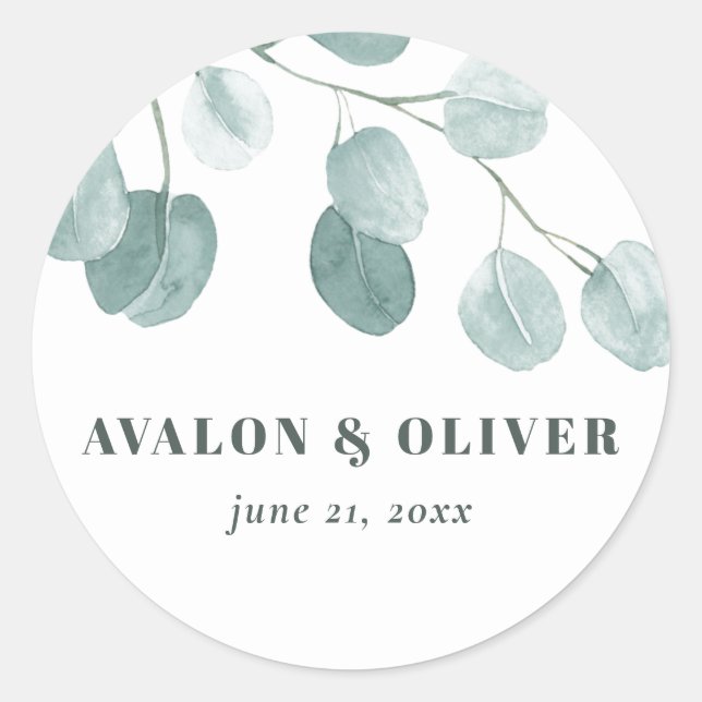 Silver Dollar Eucalyptus Wedding Classic Round Sticker (Front)