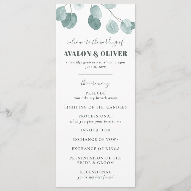 Silver Dollar Eucalyptus Wedding Program (Front)