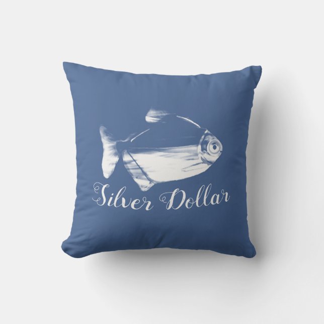 Silver Dollar Fish in Classic Blue Outdoor Pillow (Front)
