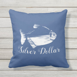 Silver Dollar Fish in Classic Blue Outdoor Pillow