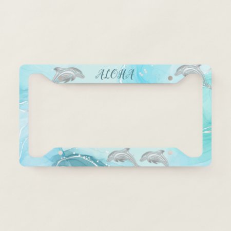 Silver Dolphin Turquoise Ink Coastal Aloha License Plate Frame