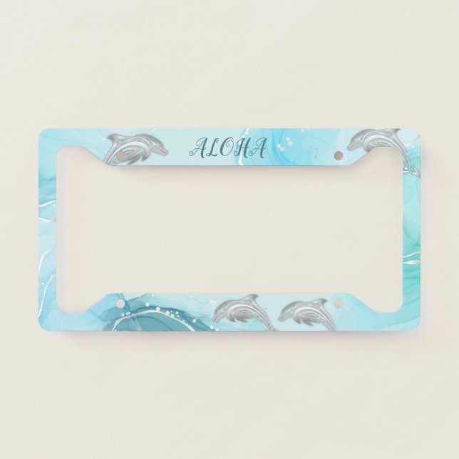 Silver Dolphin Turquoise Ink Coastal Aloha License Plate Frame (Front)