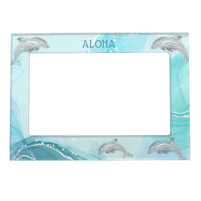 Silver Dolphin Turquoise Ink Coastal Aloha  Magnetic Frame (Front)