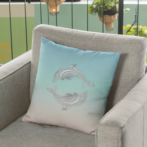Silver  Dolphin Turquoise Modern Maritime Throw Pillow