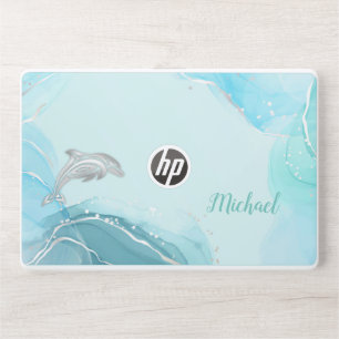 Silver Dolphins Turquoise Ink Coastal Monogram HP Laptop Skin