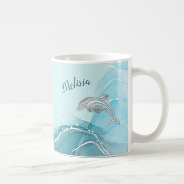 Silver Dolphins Wave Coastal Your Name  Coffee Mug (Right)