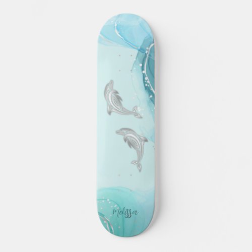 Silver Dolphins Wave Coastal Your Name Skateboard