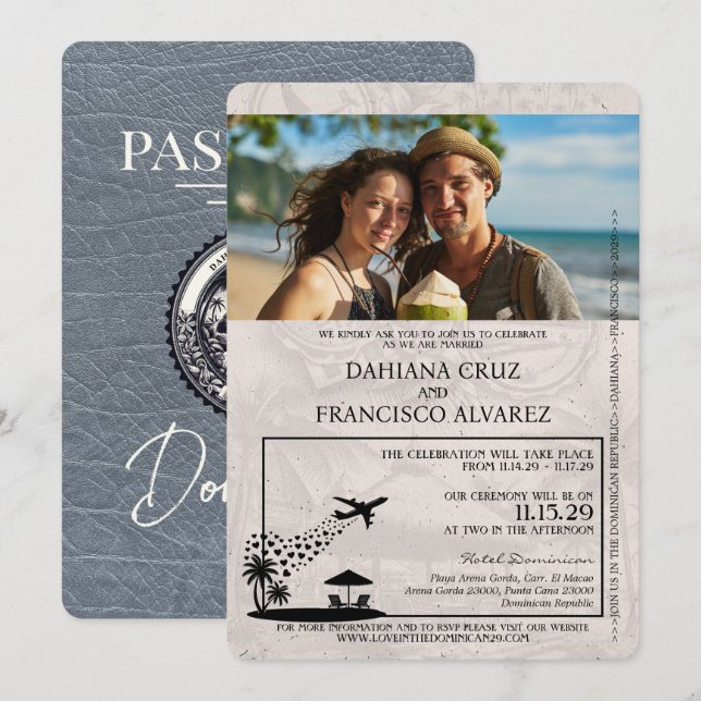 Silver Dominican Republic Passport Wedding Invitation (Front/Back)