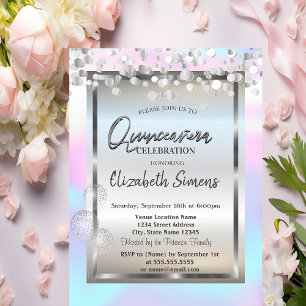 Silver Dots Balloons Frame Holographic Quinceañera Invitation