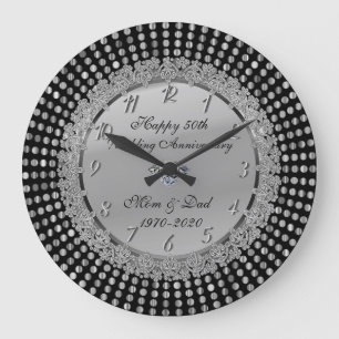 Silver Dots,Black 50th Wedding Anniversary Large Clock