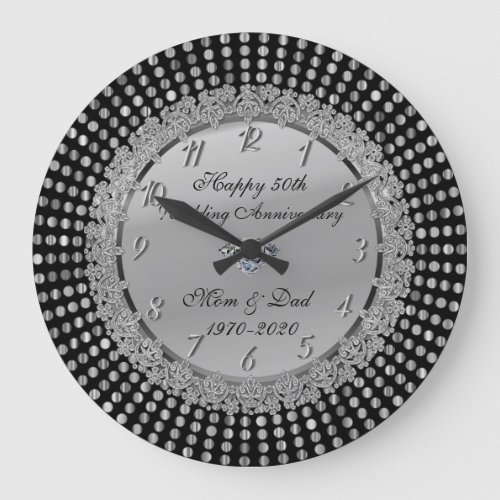 Silver DotsBlack 50th Wedding Anniversary Large Clock