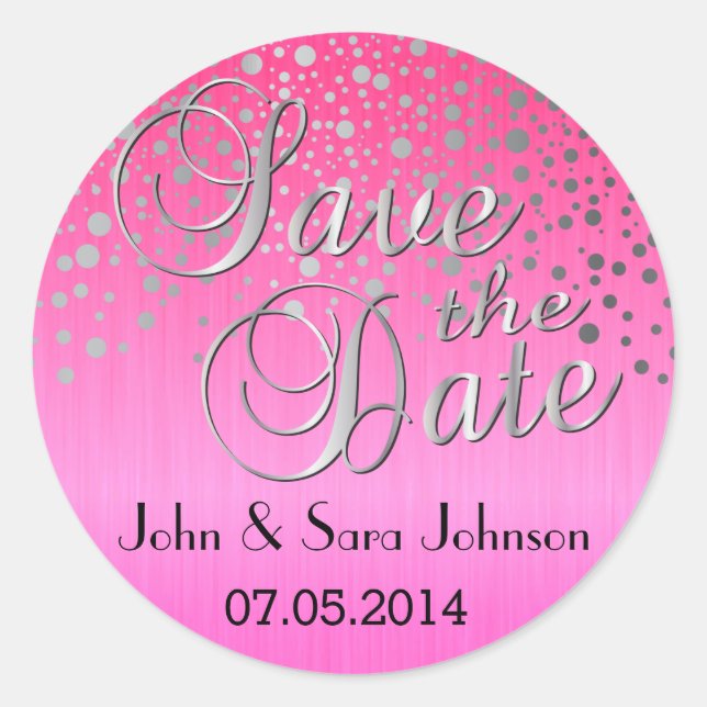 Silver Dots & Pink | Personalize Classic Round Sticker (Front)