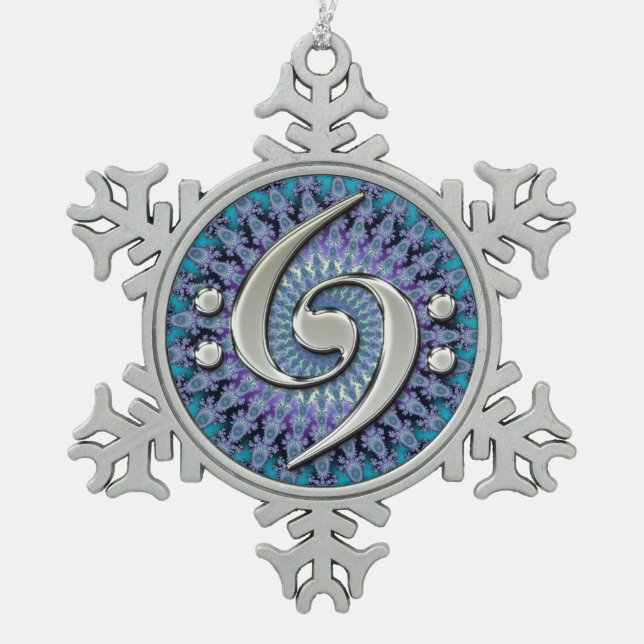 Silver Double Bass Clef Fractal Snowflake Ornament (Front)