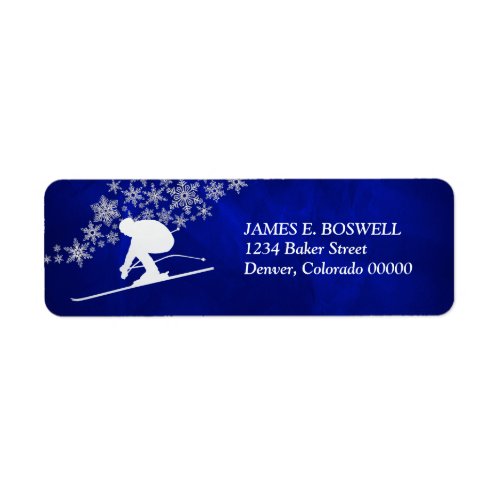 Silver Downhill Snow Skier on Blue Return Address Label