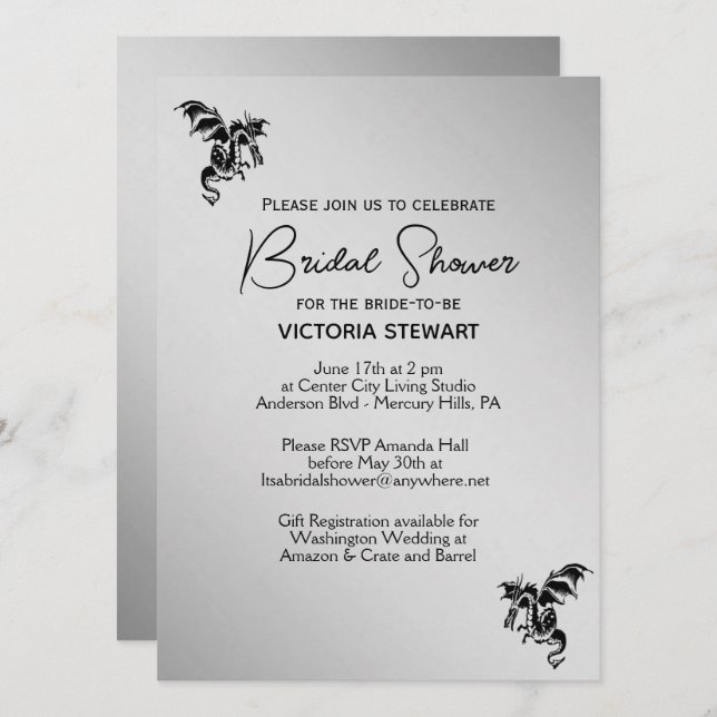 Silver Dragon Fantasy Bridal Shower Invitation (Front/Back)