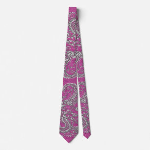 Silver Dragon on Magenta Pink Leather Texture Neck Tie