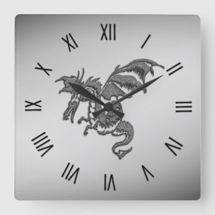 Silver Dragon Roman Numerals Square Wall Clock
