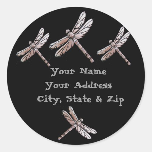 Silver Dragonflies on Black address stickers