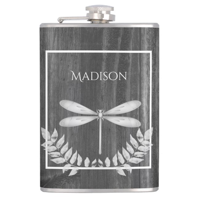Silver Dragonfly Rustic Flask (Front)
