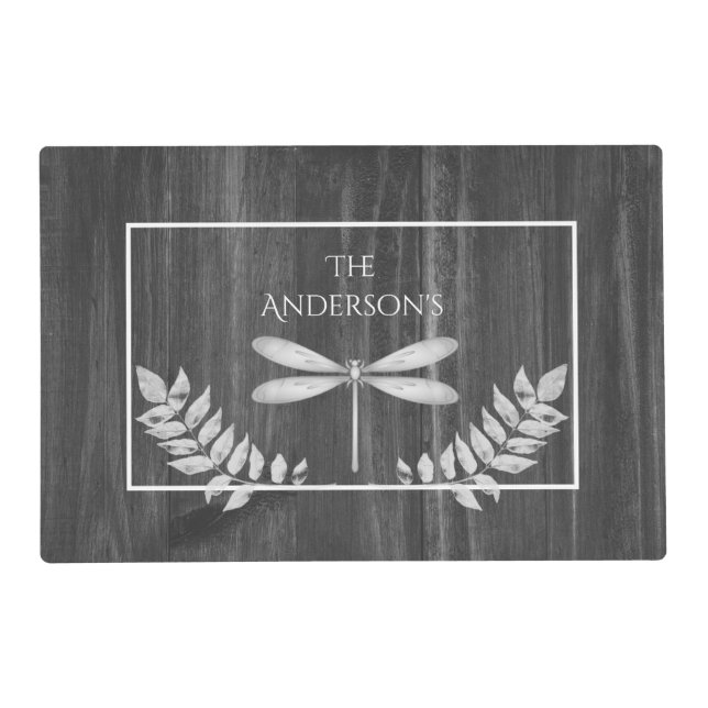Silver Dragonfly Rustic Personalized Placemat (Front)
