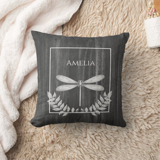 Silver Dragonfly Rustic Throw Pillow (Blanket)