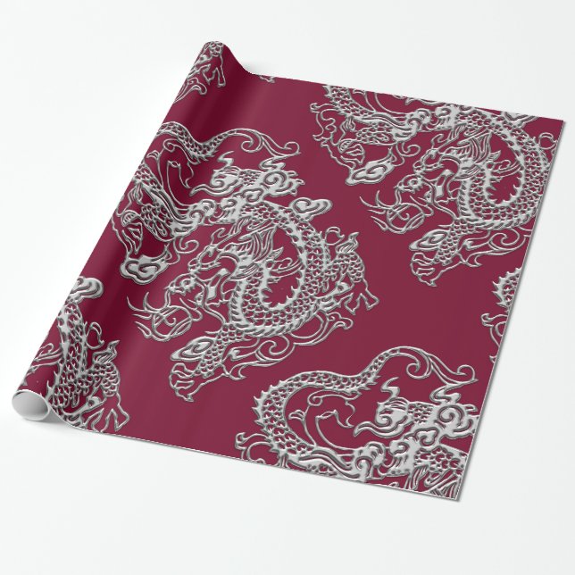 Silver Dragons Leather Texture Wrapping Paper (Unrolled)