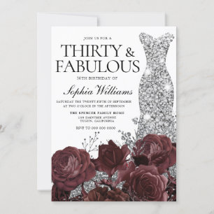 Silver Dress Burgundy Roses 30th Birthday Party Invitation